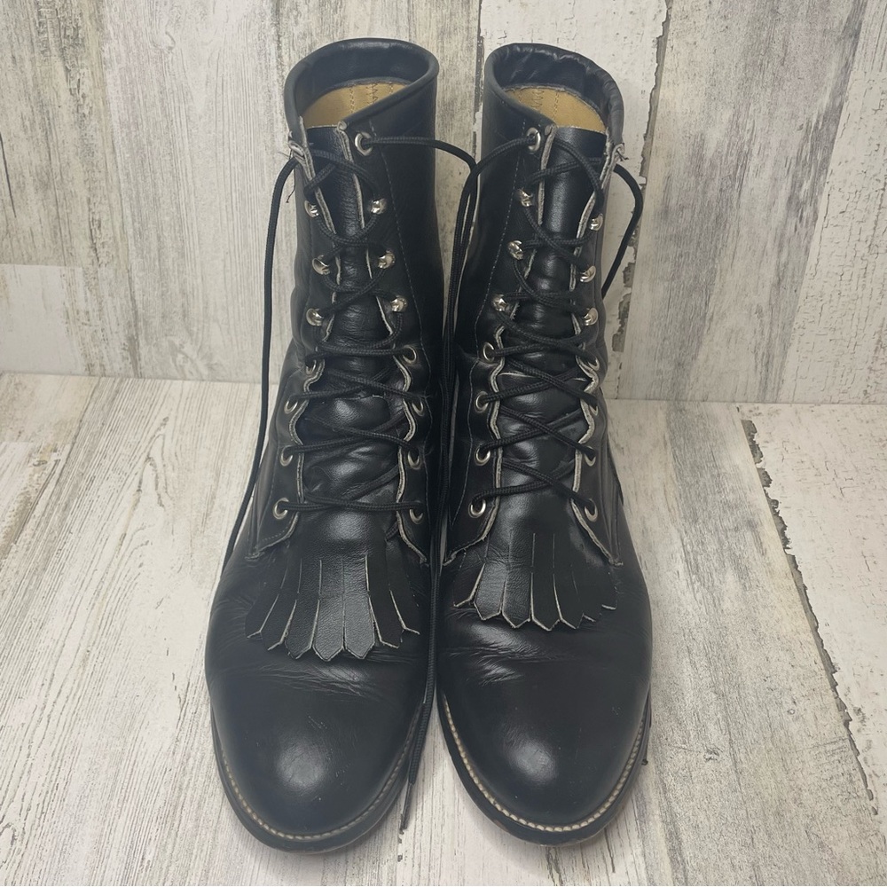 Justin Vintage Roper Fringe Lace Up Cowboy Boots-Black size 10 Military Rodeo - Picture 3 of 11